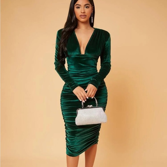 SExyDeep V Neck Ruched Velvet Bodycon Dress womens midi party prom dress maxi - Picture 2 of 6